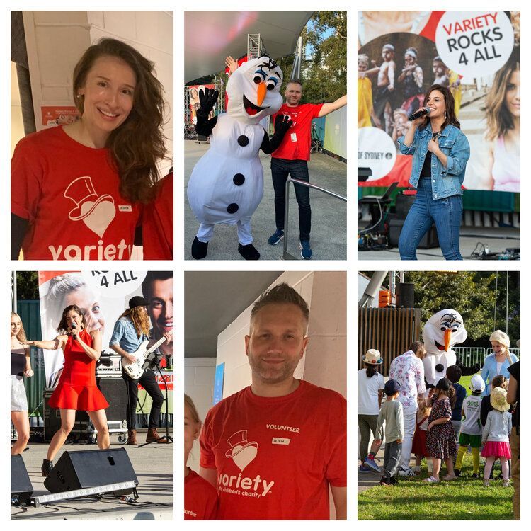 ‘Variety Rocks 4 All Concert’ at Tumbalong Park. On the photo: Good Spirits Co. team rocking the red volunteer t-shirts and Olaf costume. Go Team!