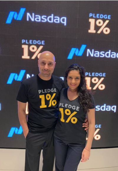Addteq Founder Sukhbir Dhillon and Partner & Wife Amanda Deol attending the Pledge 1% 4th Anniversary celebration at NASDAQ.