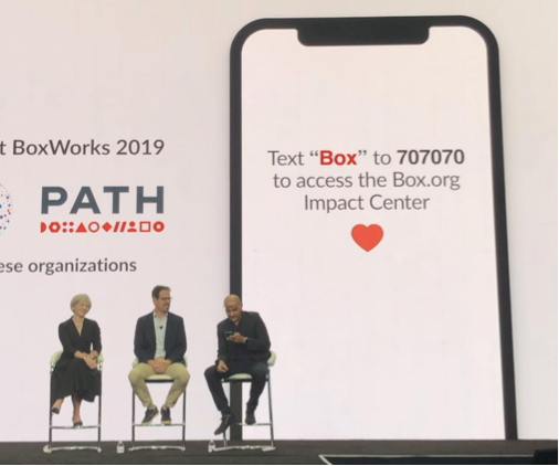Box’s Chief Product Officer Jeetu Patel making a donation via Apple Pay to NetHope and PATH using Pledgeling’s Text to Donate product on the main stage of BoxWorks ‘19.